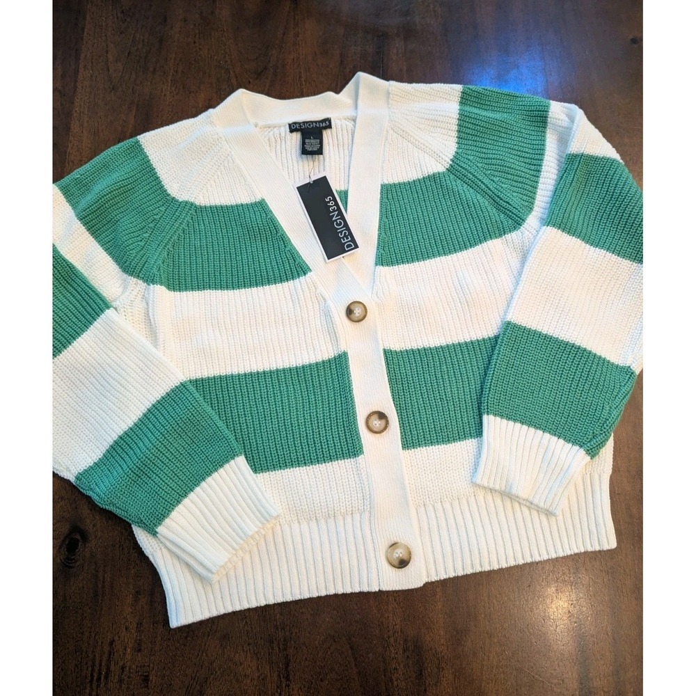 Nordstrom Design 365 Varsity Cardigan Sweater Size Large NEW Green Stripe Preppy